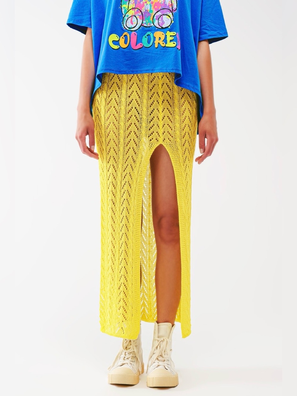 NWT Q2 CROCHET MAXI SKIRT, YELLOW, ONE SIZE